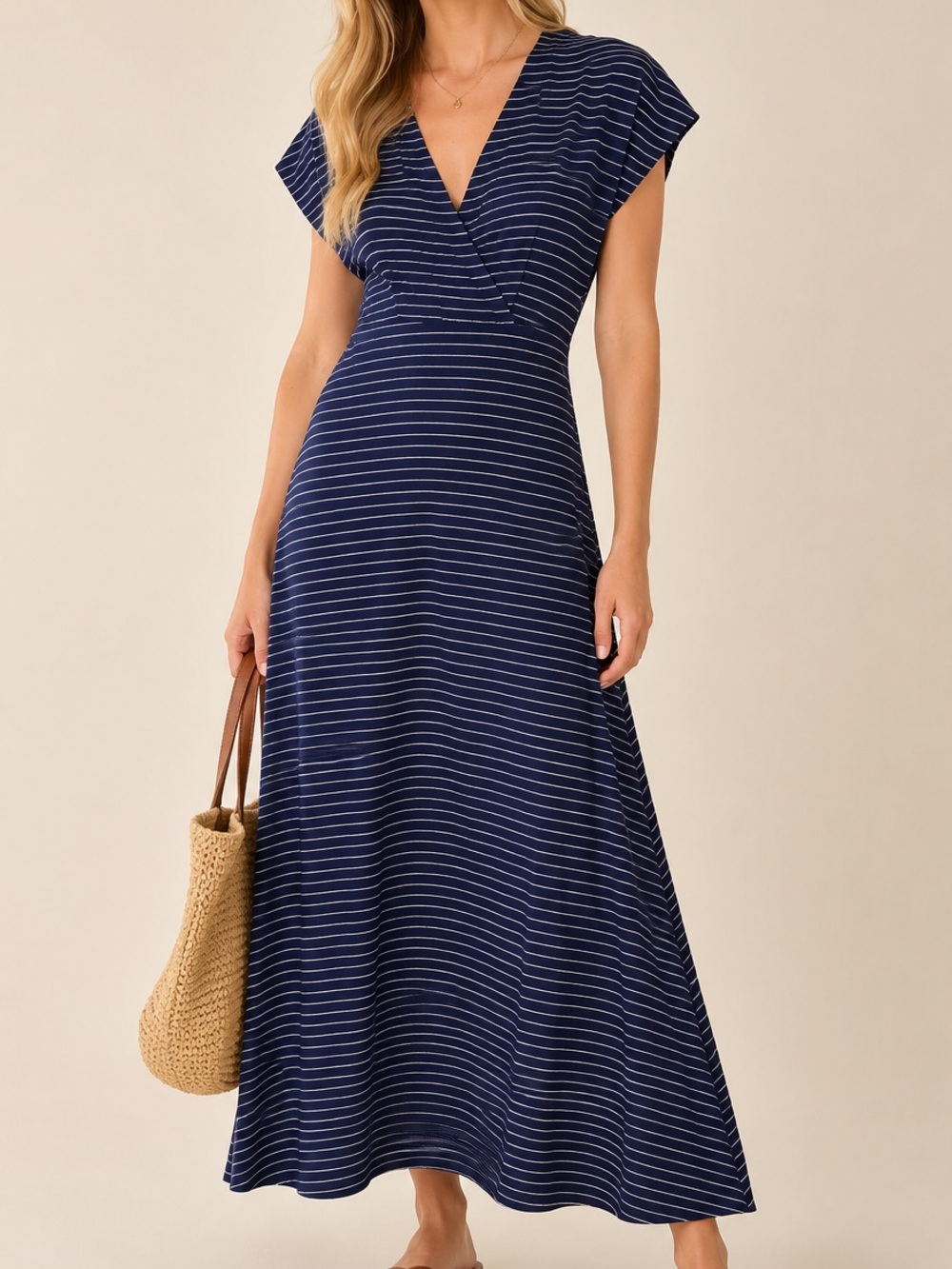 Esprit Navy Striped Maxi Dress | Faux Wrap V-Neck Stretch Knit | Size S